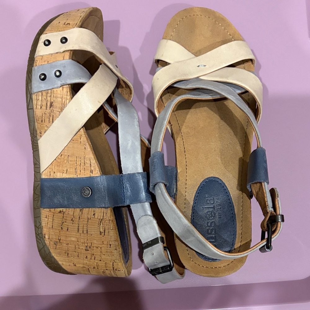 Bussola Cream and Blue Strappy Sandals